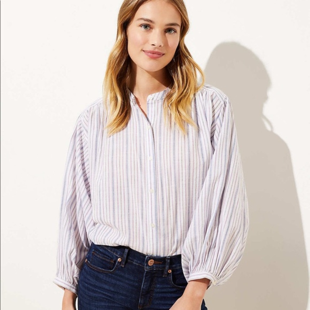 LOFT Lilac Striped Boho Balloon Sleeve Blouse Top
